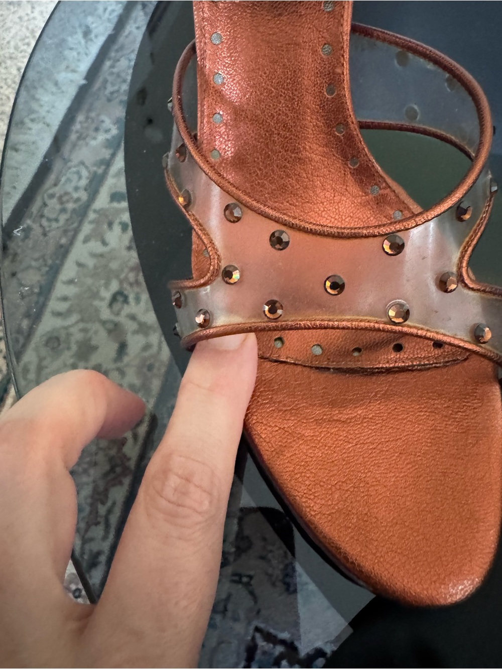 Yves Saint Laurent Metallic Copper Studded Ankle-Strap Heels - Picture 7 of 10